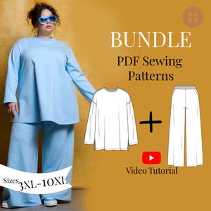 Puede incluir: Un conjunto azul claro que consta de una parte superior de manga larga y pantalones de pierna ancha. La imagen también presenta una camisa blanca de manga larga y pantalones blancos, con el texto "BUNDLE PDF Sewing Patterns" y "Video Tutorial". Tallas 3XL-10XL.