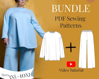 Plus Size Sewing Pattern Bundle: Palazzo Pants & Sweatshirt Sizes 3XL-10XL (PDF Pattern+Video Tutorial)