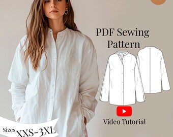 Women&#39;s Linen Shirt PDF Sewing Pattern Sizes XXS-3XL/ EU 34-48/ Linen blouse pattern for woman/  Henley Collar Shirt pattern for beginners