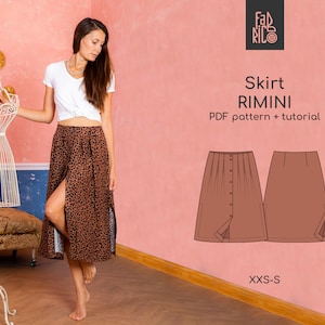 Skirt Button-up PDF Sewing Pattern, woman Midi Skirt Pattern, Front Slit Easy skirt pattern / Sewing tutorial/Sizes XXS-S