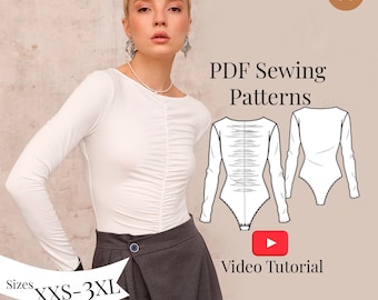 Front Draped Bodysuit PDF Sewing Pattern (XXS–3XL) + Video Sewing Tutorial