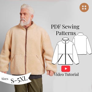 Op de afbeelding: Beige fleecejack met een bruine rits en bies, gedragen door een persoon. De afbeelding bevat een diagram van de jas en de tekst "PDF Sewing Patterns", "Video Tutorial" en "Sizes S-5XL".