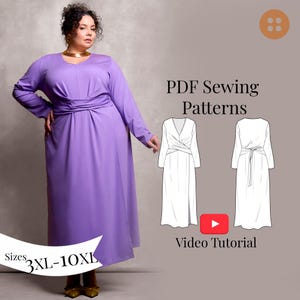 Pode incluir: Uma mulher vestindo um vestido lavanda de manga comprida com cintura cruzada. A imagem inclui um diagrama do vestido e o texto "PDF Sewing Patterns", "Video Tutorial" e "Tamanhos 3XL-10XL".