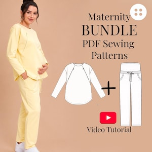 May include: A light yellow long-sleeve top and matching trousers set, accompanied by black and white line drawings of the garments and the text Maternity BUNDLE PDF Sewing Patterns and Video Tutorial, featuring a play button icon.