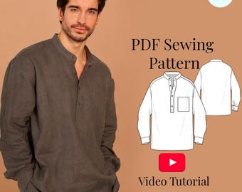 Men Henley Shirt Sewing Pattern| Band Collar Half Placket Linen Shirt| PDF + Video