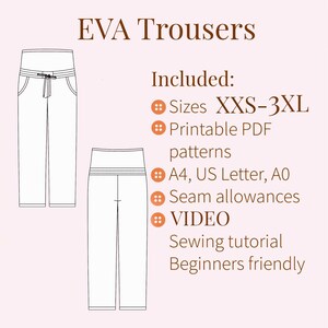 Pregnancy pants PDF sewing pattern sizes S-3XL with VIDEO tutorial.
Pants for pregnant women feature an elastic inserter, pockets in the side seams, an elasticated waistband with a drawstring.
• Elastic belly panel gently supports a growing bump.
• Side seam pockets for everyday convenience.
• Stretch waistband with a drawstring for flexible fit.
• Loose, comfortable cut for all stages of pregnancy.
• Seam allowances included in all sizes.