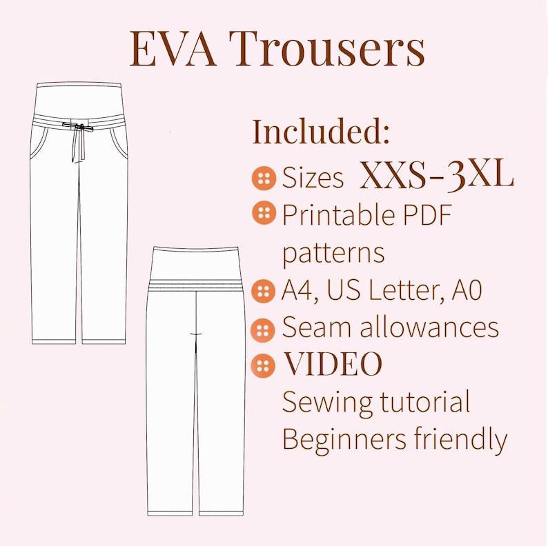 Pregnancy pants PDF sewing pattern sizes S-3XL with VIDEO tutorial.
Pants for pregnant women feature an elastic inserter, pockets in the side seams, an elasticated waistband with a drawstring.
• Elastic belly panel gently supports a growing bump.
• Side seam pockets for everyday convenience.
• Stretch waistband with a drawstring for flexible fit.
• Loose, comfortable cut for all stages of pregnancy.
• Seam allowances included in all sizes.