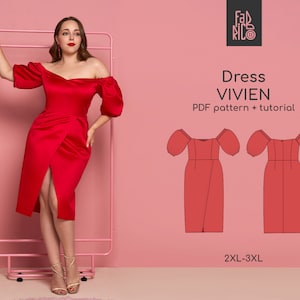 Patrón de costura en PDF para vestido de cóctel con hombros descubiertos, tallas 2XL-3XL / Patrón de vestido de dama de honor en PDF / Patrón de vestido de fiesta imprimible en A4, Carta, A0