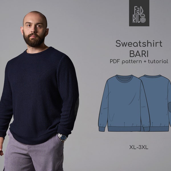 Men's Sweatshirt PDF Sewing Pattern Sizes XL-3XL/ DIY Sweater with elbow patches/ Sewing patterns for men