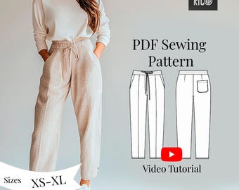 Woman Linen pants PDF Sewing Pattern Sizes XS-XL / Elastic Waistband Trousers EU36-44/ Hight Waist Trousers pattern printable A0, A4, Letter