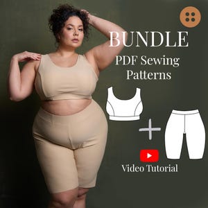 May include: A woman wearing a beige sports bra and matching shorts. The image includes the text "BUNDLE PDF Sewing Patterns" and a diagram of the bra and shorts, plus a YouTube video icon.