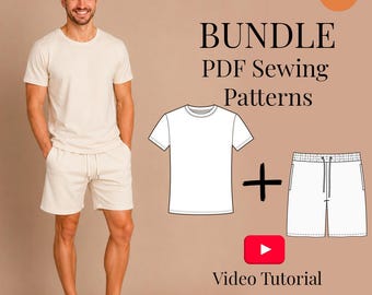 Paquete de patrones de costura para camisetas y pantalones cortos de hombre / Tallas M-3XL / PDF + Videotutorial