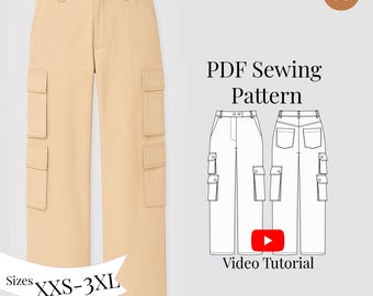 Zippered Cargo Pants Sewing Pattern for Women Sizes XXS-3XL / Women Wide Leg Pants digital pattern / Pants with Pockets / Cargo Trousers