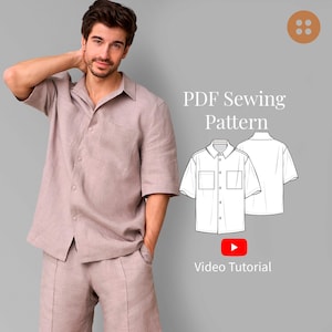 May include: A PDF sewing pattern for a short-sleeved button-up shirt with a pocket. The pattern includes a video tutorial.