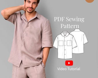 Men Linen Aloha Shirt PDF Sewing Pattern + Video Tutorial/ S-5XL