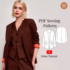 Patrón de costura para blazer sin cuello, tallas XXS-3XL / Patrón de costura para chaqueta de mujer en PDF con videotutorial / Patrón de chaqueta de traje en PDF, tallas A4, Carta y A0