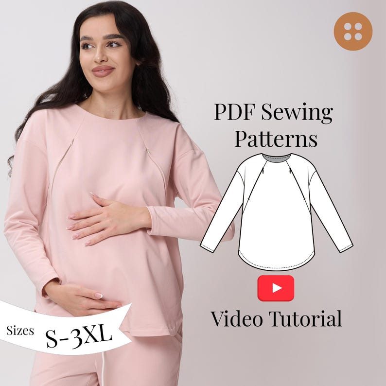 Maternity & Nursing Oversize Sweatshirt PDF Pattern + Sewing Video Tutorial, Hidden Chest Zippers for Breastfeeding sizes S-3XL with VIDEO tutorial.

The sweatshirt is designed for pregnant and nursing mothers. It features invisible zippers in the princess seams on the front, long sleeves, neckline is hemmed with facing. Sew your own stylish maternity and nursing sweatshirt. Easy. Comfortable. Beginner-friendly.

It’s essential to have comfortable clothes during maternity and lacta-tion periods.