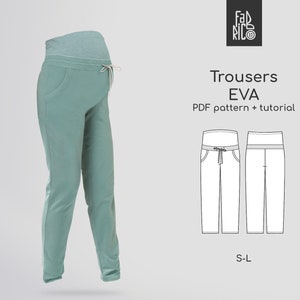Maternity Pants PDF Sewing Pattern. Pregnancy pants PDF sewing pattern sizes S-3XL with VIDEO tutorial.
Pants for pregnant women feature an elastic inserter, pockets in the side seams, an elasticated waistband with a drawstring.
• Elastic belly panel gently supports a growing bump.
• Side seam pockets for everyday convenience.
• Stretch waistband with a drawstring for flexible fit.
• Loose, comfortable cut for all stages of pregnancy.
• Seam allowances included in all sizes.