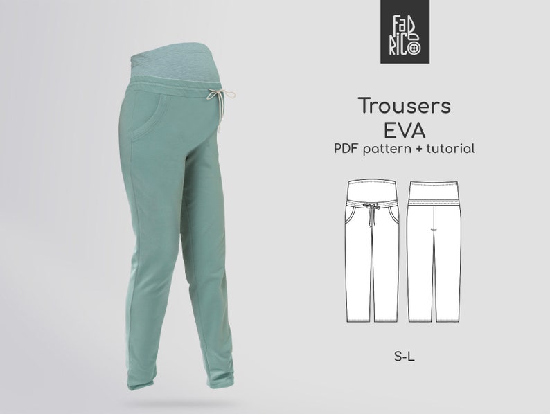 Maternity Pants PDF Sewing Pattern. Pregnancy pants PDF sewing pattern sizes S-3XL with VIDEO tutorial.
Pants for pregnant women feature an elastic inserter, pockets in the side seams, an elasticated waistband with a drawstring.
• Elastic belly panel gently supports a growing bump.
• Side seam pockets for everyday convenience.
• Stretch waistband with a drawstring for flexible fit.
• Loose, comfortable cut for all stages of pregnancy.
• Seam allowances included in all sizes.