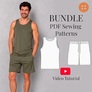 May include: A bundle of PDF sewing patterns featuring a sleeveless tank top and shorts. The image displays a person wearing an olive green tank top and matching shorts, alongside technical line drawings of the garments and a video tutorial icon.