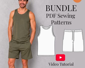 Men Jersey Shorts + Tank Top Sewing Pattern Bundle | Sizes S-5XL | PDF + Video Tutorial| S-5XL