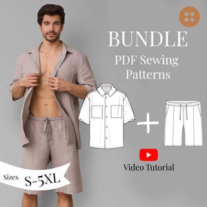 Może przedstawiać: Jasnobrązowy zestaw koszuli i szortów lnianych. Obraz zawiera schemat koszuli i szortów, grafikę przycisku oraz tekst "BUNDLE PDF Sewing Patterns" i "Video Tutorial". Rozmiary S-5XL są wymienione.