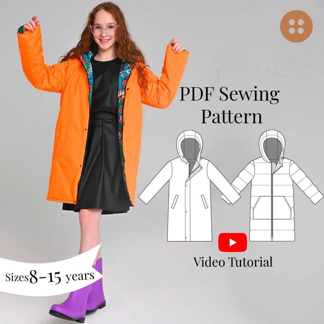 Kids Coloth Pattern Kids Hooded Coat Sewing Pattern: Sizes 8-15 Years (PDF Pattern + Video ...