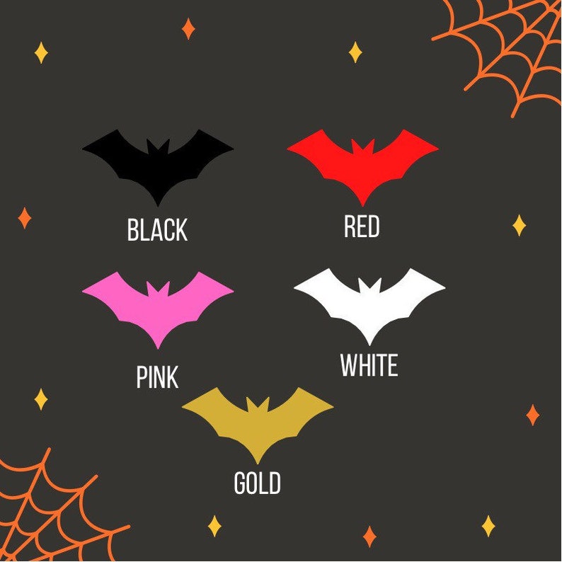 May include: Four bat silhouettes in different colors: black, red, pink, and gold. The bats are arranged in a square pattern on a dark gray background.