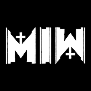 May include: Black and white graphic design with the letters "M I W" with a cross on top of the "M" and "W".