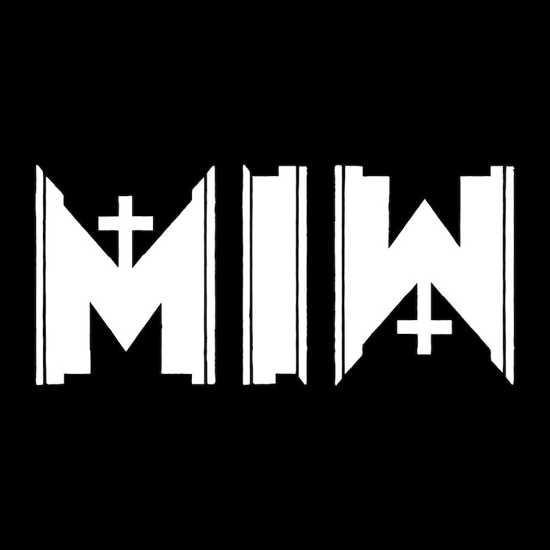 May include: Black and white graphic design with the letters "M I W" with a cross on top of the "M" and "W".