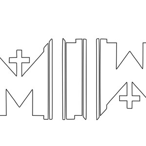 May include: Black and white line drawing of the word "MIX" with a cross on top of the "M" and the "W".
