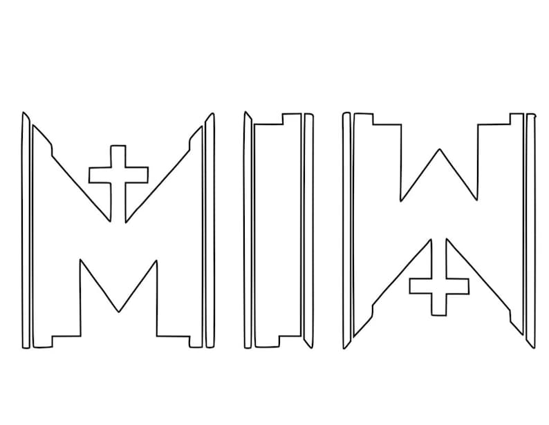 May include: Black and white line drawing of the word "MIX" with a cross on top of the "M" and the "W".