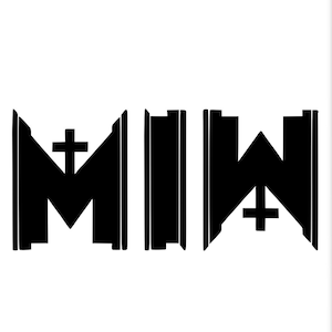 May include: Black and white graphic design of the letters "M" and "W" with a cross in the center of each letter.