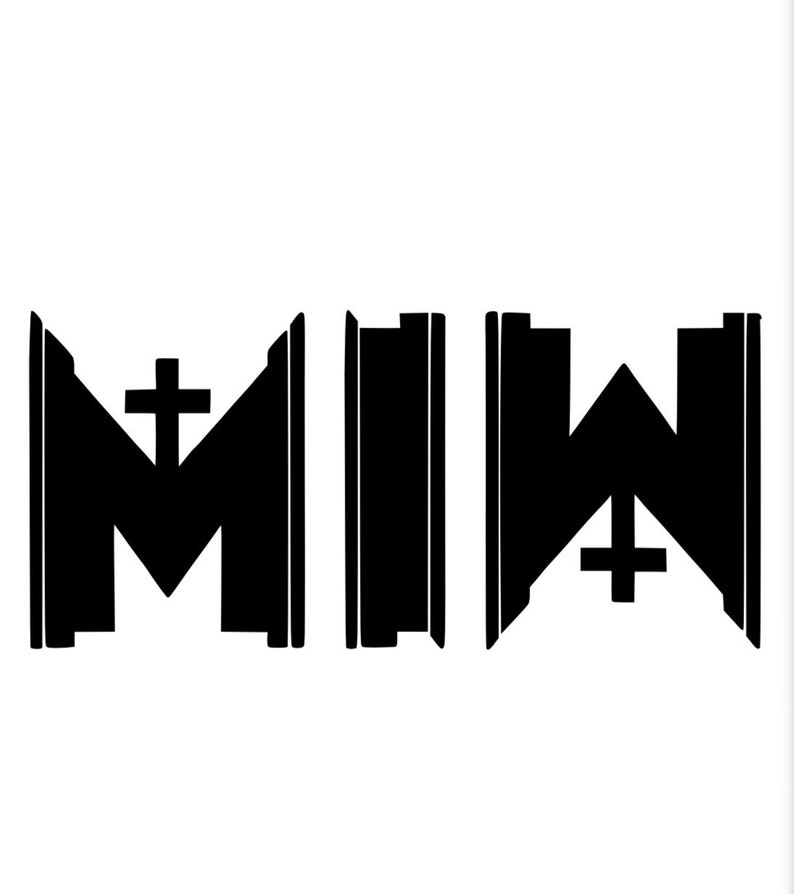 May include: Black and white graphic design of the letters "M" and "W" with a cross in the center of each letter.