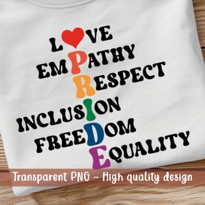 プライド フレーズ PNG 昇華用 透明 印刷可能 デジタル ダウンロード レインボー レトロ Lgbt プライド 尊重 インクルージョン 自由 平等
