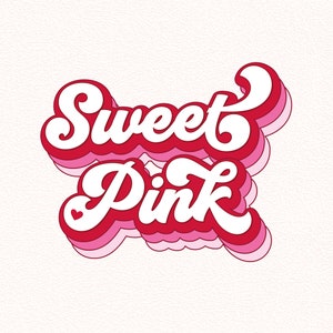Puede incluir: Texto "Sweet Pink" en un estilo retro, en capas, 3D con un esquema de color rosa y blanco.