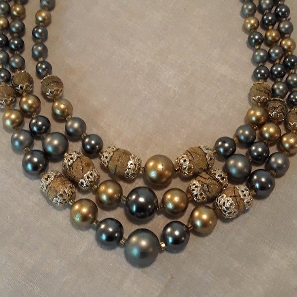 Vintage Signed Japanese Multi-Strand Gray & Gold Faux Pearl Necklace, With Textured Bead and Floral Filigree Caps, 16" Long, Adjustable