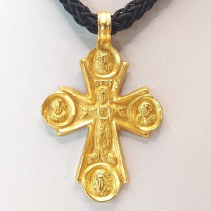 Vintage Alva Museum Replica &#39;Pectoral Cross&#39; Pendant, Gold-Tone, 3 1/4&quot; X 2&quot;, Added Black Braided Cord Necklace, Excellent Condition