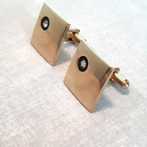 Elegant Signed Swank Cuff Links, Vintage, Gold-Tone, Square-Shaped With Rhinestone Set Against Black Background, 3/4&quot; X 3/4&quot;, Ex. Cond.