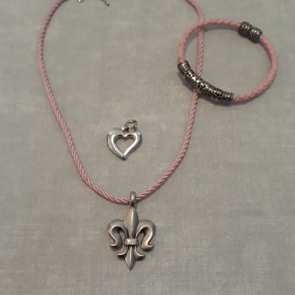 Vintage Cookie Lee Cord Choker, Pink, with 2 interchangeable pendants and a pink leather bracelet with pink rhinestones and a magnetic clasp