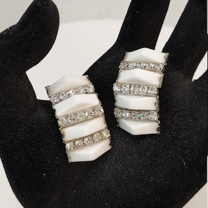 Vintage Art Deco Geometric Milk Glass and Clear Rhinestone Earrings, Silver-Tone, Clip-On, 1 1/4&quot; X 1/3&quot;, Excellent Condition