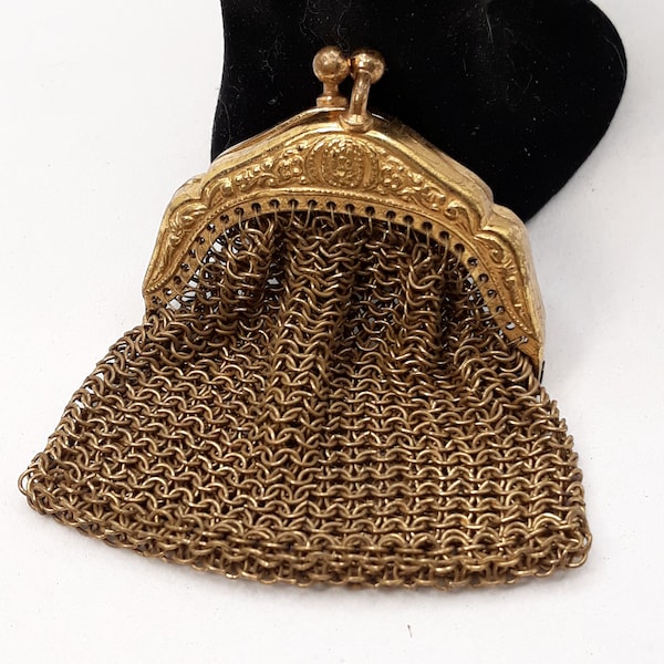 Vintage 1920s Signed 'Germany' Chainmail Mesh Change/Trinket/Rosary Purse, Brass, 2 3/4" X 2 3/4",  Kiss Clasp, Excellent Condition