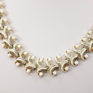 Vintage 1960s Coro White Enamel/White Beaded Necklace, Gold-Tone, Hook & Bead Clasp, Adj. to 17 1/2&quot;, Excellent Vintage Condition