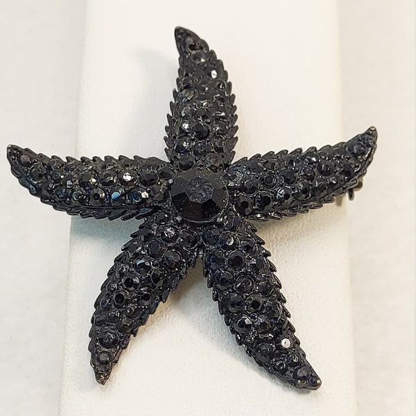 Vintage Signed 'Weiss' Black Rhinestone Starfish Brooch/Pin, Mourning Jewelry, All Black, 2" Across, Excellent Condition