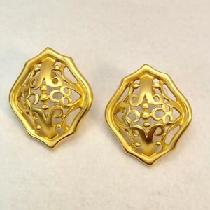 Vintage Liz Claiborne Designer Scrolled, Open-Work Post Earrings, Gold-Tone, Matte Finish, 1 1/2" X 1 1/4", Excellent Condition