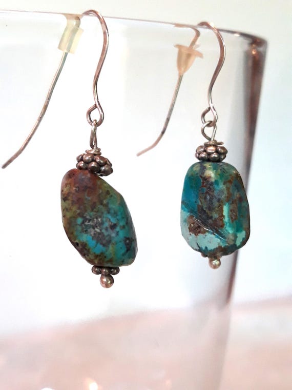 Sterling Silver Rustic Turquoise Dangle Drop Earr… - image 2