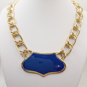 Vintage Signed Monet Retro Royal Blue Enamel Pendant Necklace, Gold-Tone, Double Link Chain, Fold-over Clasp, 18&quot; Long, &#39;Like New&#39; Condition