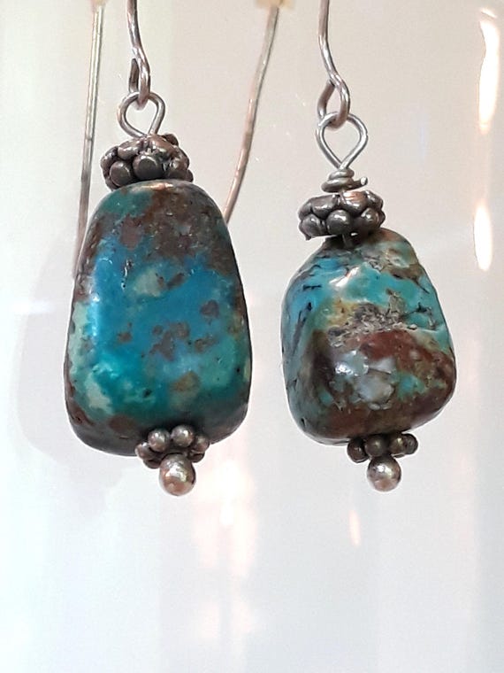 Sterling Silver Rustic Turquoise Dangle Drop Earr… - image 3