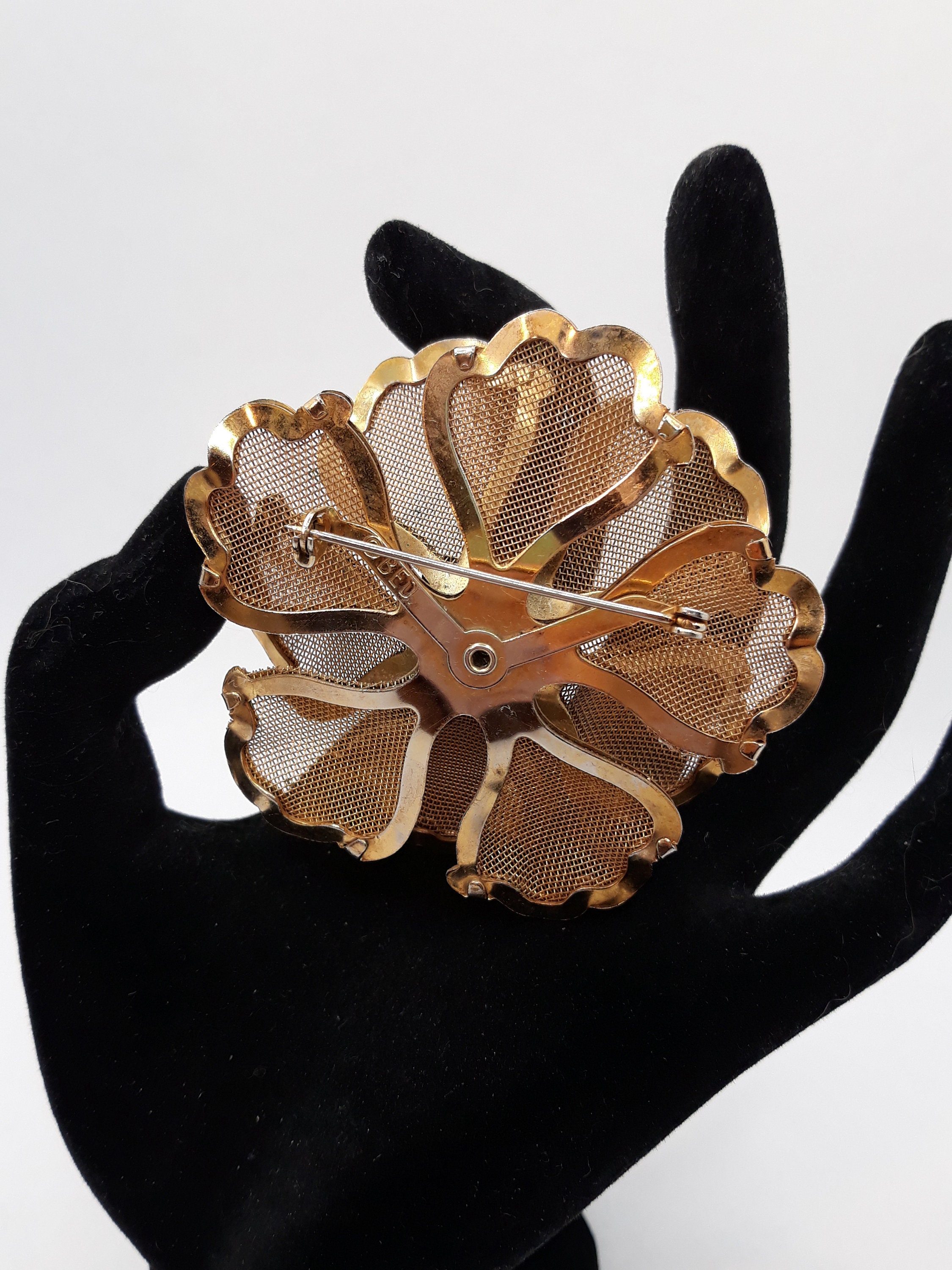 Vintage Signed B.E.D. Mesh Flower Three Dimensional Brooch
