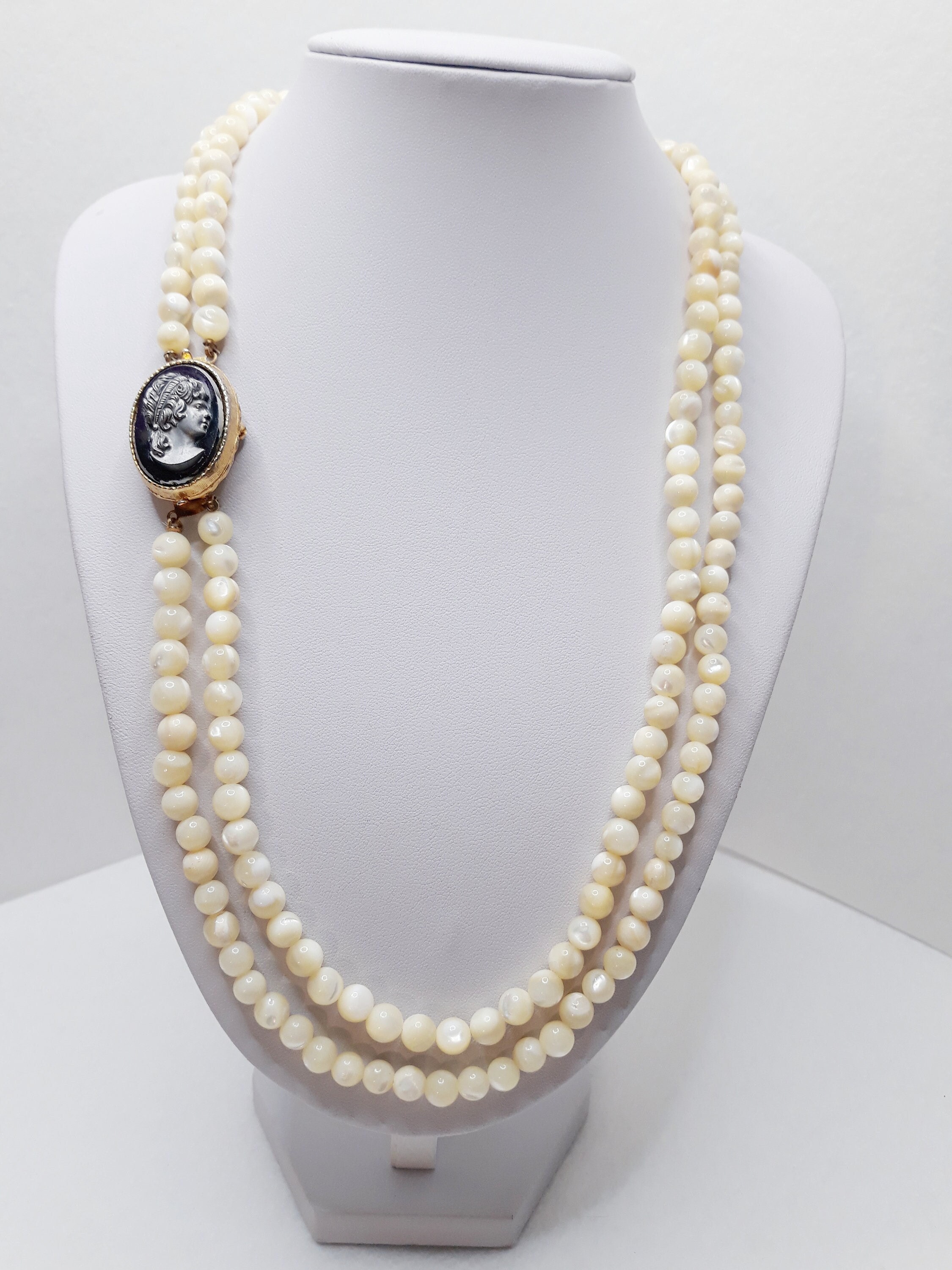 Vintage Double Strand Mother of Pearl Beaded Necklace With Detachable ...